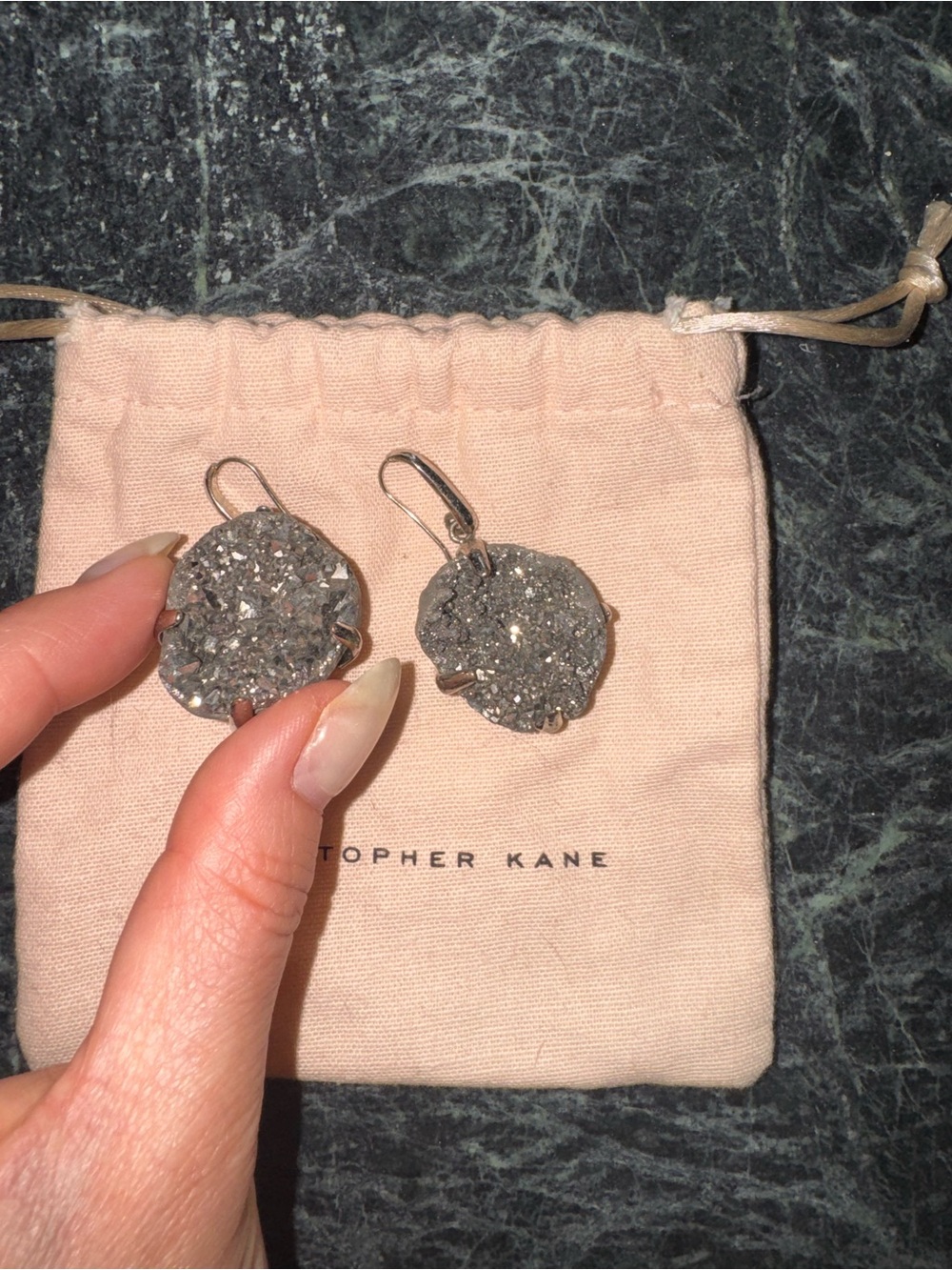 Christopher Kane Silver Druzy Round Drop Earrings